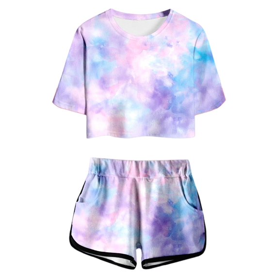 WOYY Big Girls Outfits Tie Dyed Short Sleeve Crewneck T Shirt Shorts Set, Sizes 11-12Y