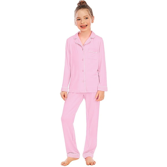WOYY Big Girls Pajama Set Long Sleeve Button Up Shirt Pants Unisex Pjs, Sizes 8-9