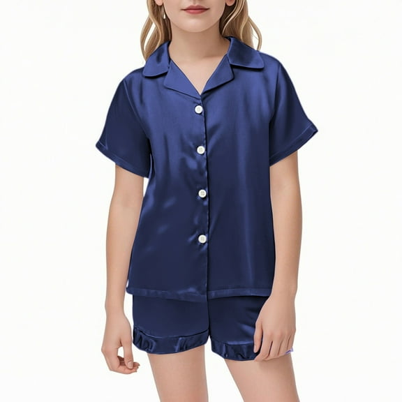 WOYY Big Girls Pajama Set Silk Satin Button Down Short Sleeve Top Shorts Pjs, Sizes 9-10