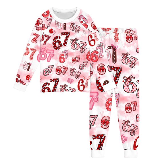 WOYY Big Girls Pajamas 67 Print Cozy Long Sleeve Top Pants Loungewear Set, Sizes 7-8