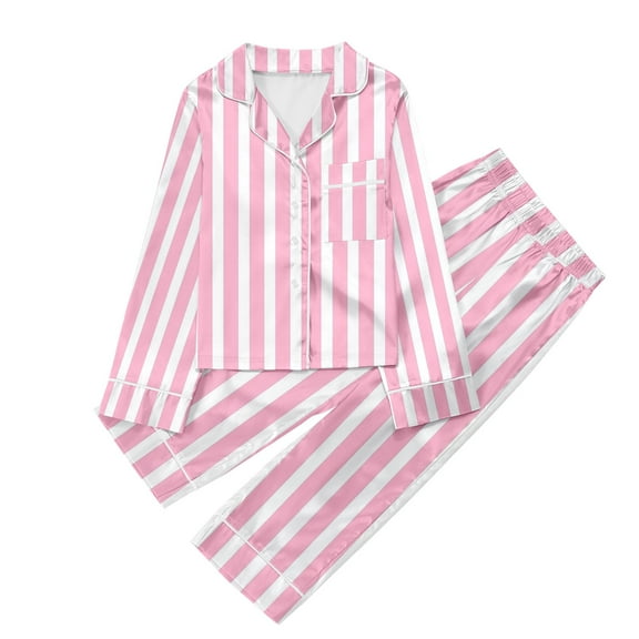WOYY Big Girls Pajamas Casual Striped Notch Collar Long Sleeve Shirt Top Pants PJs Set