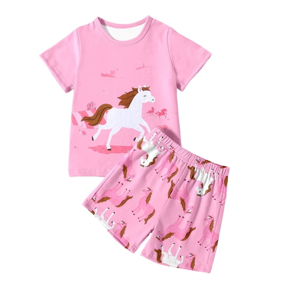 WOYY Big Girls Pajamas Horse Print Short Sleeve T Shirt Shorts Sleepwear, Sizes 7-8