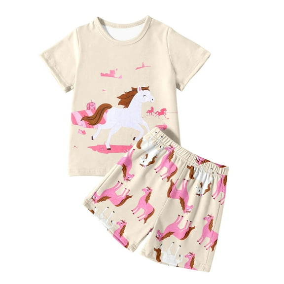 WOYY Big Girls Pajamas Horse Print Short Sleeve T Shirt Shorts Sleepwear, Sizes 9-10
