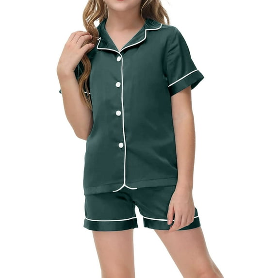 WOYY Big Girls Pajamas Sleepwear Outfits Solid Button-Down Short Sleeve Top Shorts Homewear Loungewear, Sizes 12-13Y