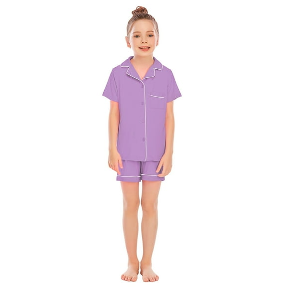 WOYY Big Girls Pajamas Unisex Solid Short Sleeve Button Top Shorts Sleepwear, Sizes 7-8