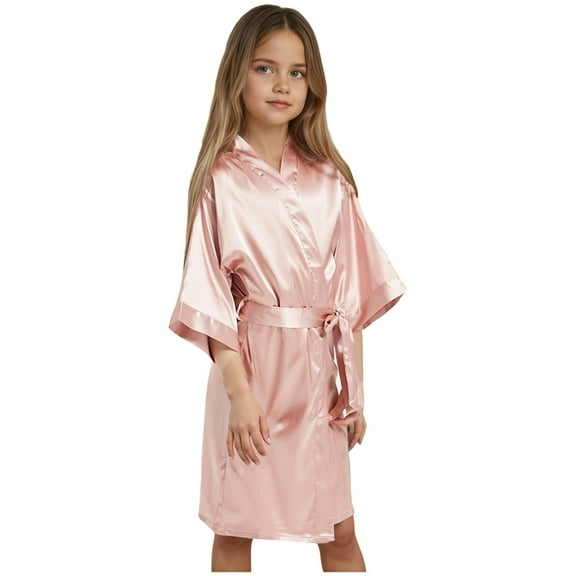 WOYY Big Girls Satin Kimono Robe Solid Silk Bathrobe Loungewear Robe, Sizes 7-8