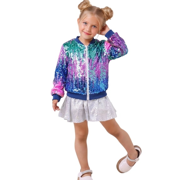 WOYY Big Girls Sequin Sparkly Jacket Glitter Fashion Gradient Bomber Jacket, Sizes 8-9