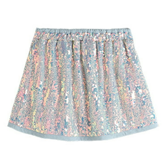 WOYY Big Girls Sequins Glitter Skirt Elastic Waist A-Line Skirt with Liner, Sizes 2-14