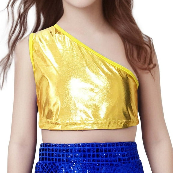 WOYY Big Girls Shiny Sequins One Shoulder Sleeveless Crop Top for Dance Stage Performance