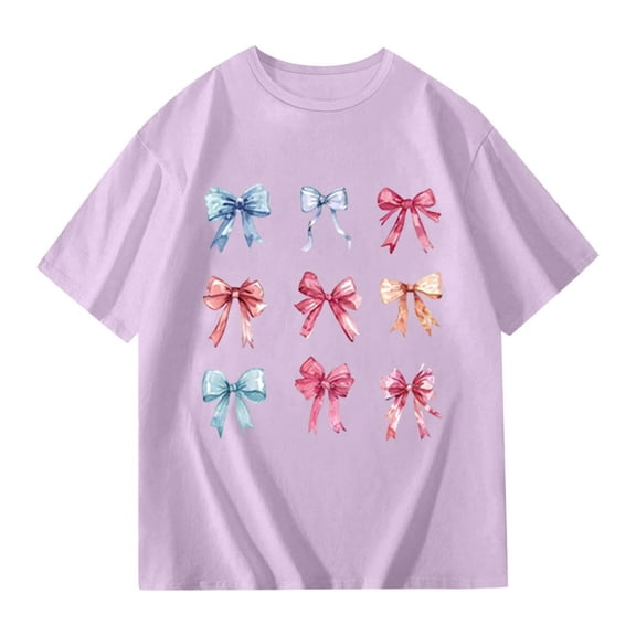 WOYY Big Girls Short Sleeve Loose T-Shirt Bow Lightweight Casual T Shirt, Sizes 7-8