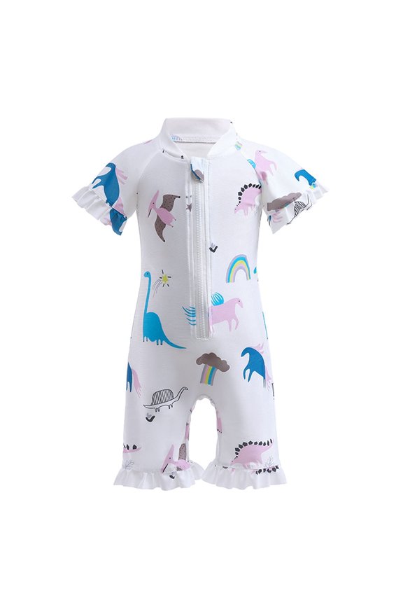 Big Girls Short Sleeve Rash Guard Cartoon Ruffle UPF 50+ One-Piece Swimsuit