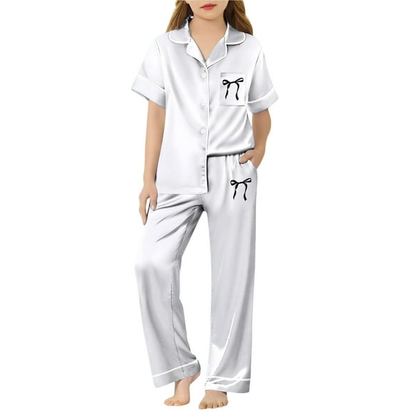 WOYY Big Girls Silk Satin Pajamas Short Sleeve Button Down Shirt Pants Sleepwear, Sizes 9-10