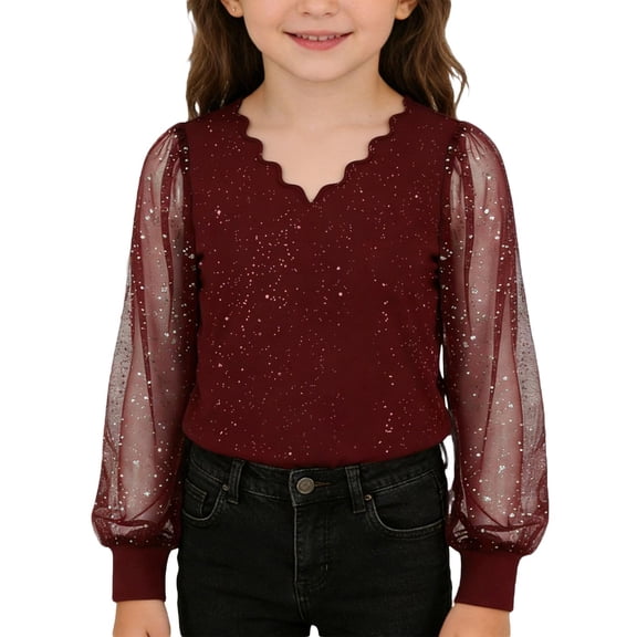 WOYY Big Girls Sparkly Sequins Mesh Long Sleeve Blouse V Neck Party Shirt, Sizes 11-12