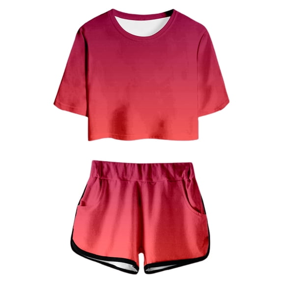 WOYY Big Girls Summer Outfits Gradient Short Sleeve T-Shirt Shorts Set, Sizes 8-9Y