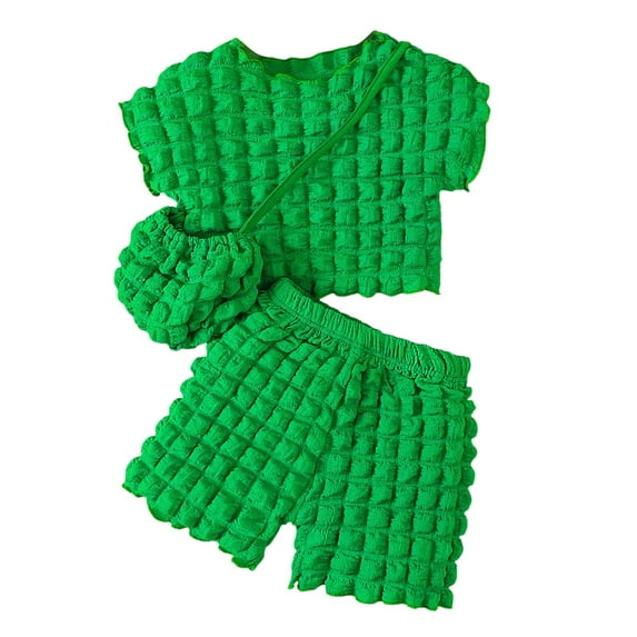 WOYY Big Girls Summer Outfits Puff Short Sleeve T Shirt Shorts Bag 3Pcs Set, Sizes 8-9Y
