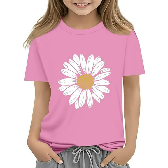 WOYY Big Girls Sunflower Print Short Sleeve T-Shirt Summer Casual T Shirt, Sizes 3-13