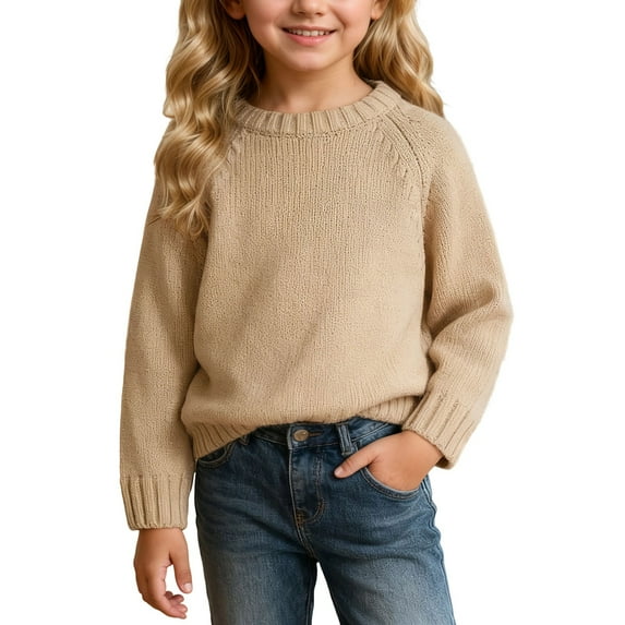WOYY Big Girls Sweater Solid Crewneck Casual Knit Pullover Top, Sizes 8-9