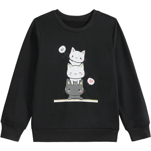 WOYY Big Girls Sweatshirt Cute Cartoon Cat Print Crew Neck Pullover Shirt, Sizes 7-8