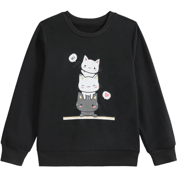 WOYY Big Girls Sweatshirt Cute Cartoon Cat Print Crew Neck Pullover Shirt, Sizes 9-10