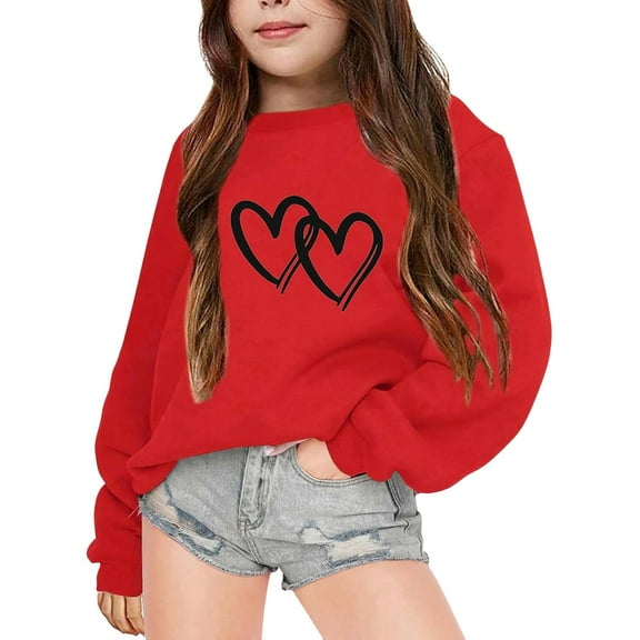 WOYY Big Girls Sweatshirt Heart Print Crew Neck Pullover Sweatshirts, Sizes 7-8