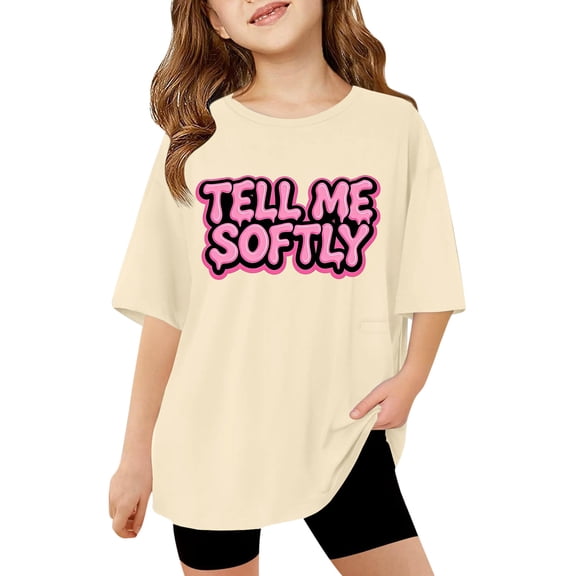 WOYY Big Girls T Shirt Cute Letter Print Short Sleeve T Shirt Summer Tee, Sizes 9-10