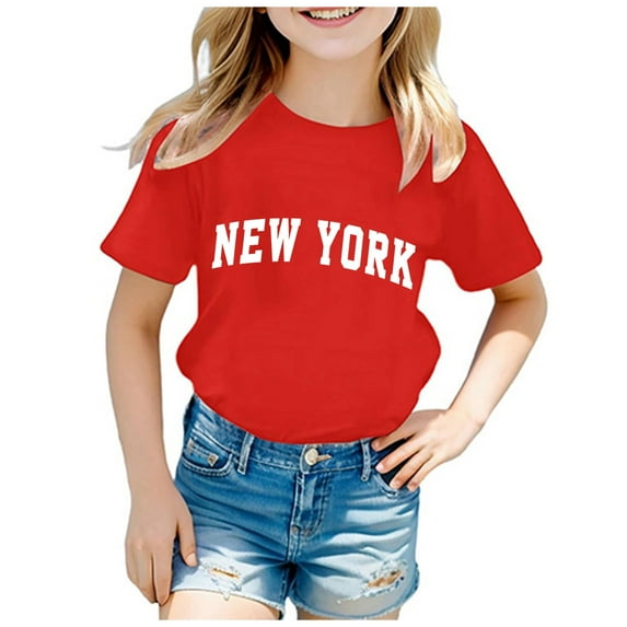 WOYY Big Girls T-Shirt New York Print Short Sleeve Crew Neck T Shirt, Sizes 2-14