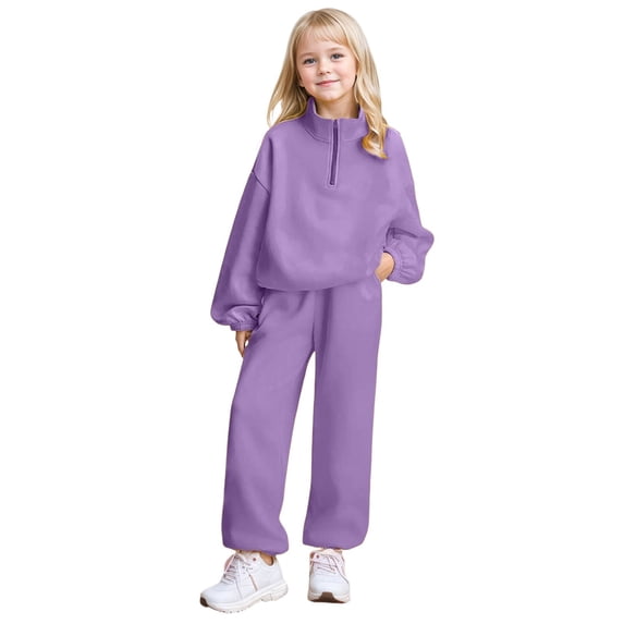 WOYY Big Girls Tracksuit Solid Half Zip Sweatshirt Sweatpants Outfits, Sizes 8-9