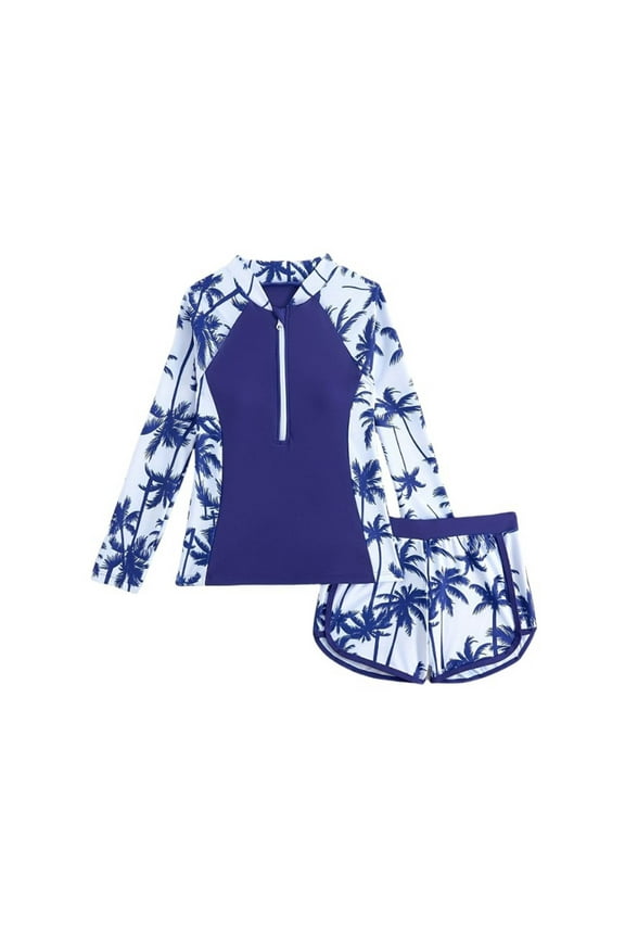 Big Girls UPF 50+ Long Sleeve Rash Guard with Shorts Swimsuits, Sizes 7-14