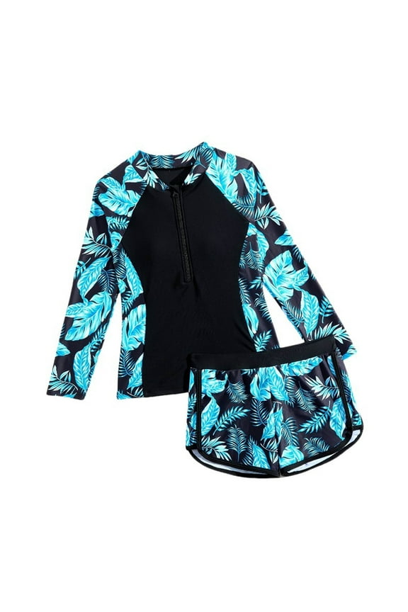 Big Girls UPF 50+ Long Sleeve Rash Guard with Shorts Swimsuits, Sizes 7-14