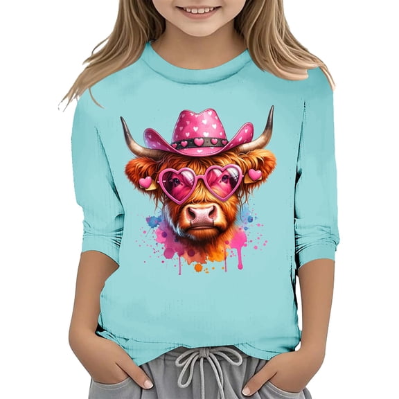WOYY Big Girls Valentine's Day T-Shirt Cute Cartoon Highland Cow Print 3/4 Sleeve Tee