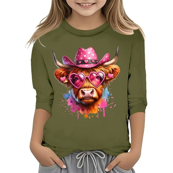 WOYY Big Girls Valentine's Day T-Shirt Cute Cartoon Highland Cow Print 3/4 Sleeve Tee