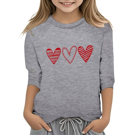 WOYY Big Girls Valentine's Day Tshirt Hearts Print 3/4 Sleeve Crew Neck T-Shirt Tee