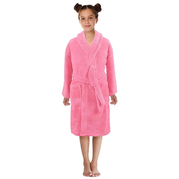 WOYY Big Girlss Flannel Bathrobe Soft Cozy Nightgown with Belt Sleepwear Towel Robe