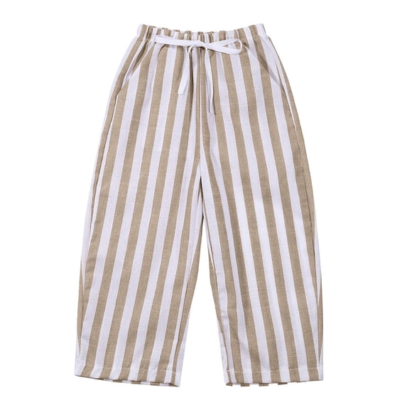 WOYY Boy Stripe Linen Pants High Rise Drawstring Pants Lightweight Loose Slacks, Sizes 0-6