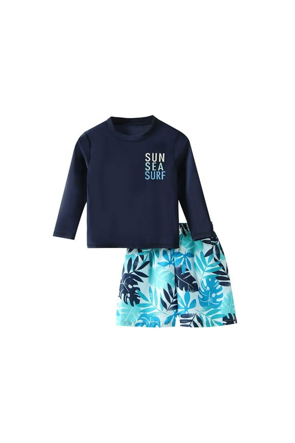 Boy's Long Sleeve Rash Guard Board Shorts Quick Dry 2-Piece Swimsuit, Sizes 3-7
