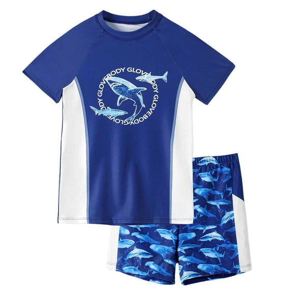 WOYY Boy's Shark Print Short Sleeve Swim Shirt & Board Shorts 2-Piece Swimsuit, Sizes 7-12