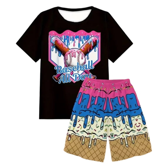 WOYY Boys 2-Piece Outfits Ice-Cream Graphic Short Sleeve T-Shirt Shorts Set, Sizes 2-14