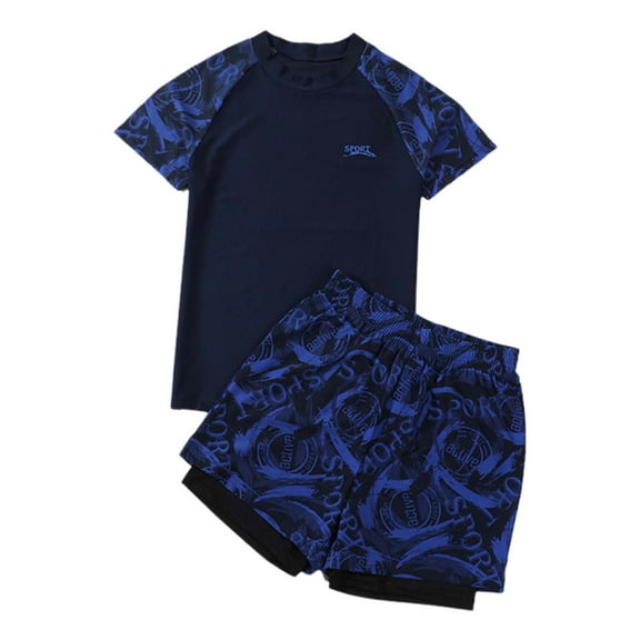 WOYY Boys 2-Piece Swimsuit Short Sleeve Rash Guard Shorts Quick Dry Bathing Suit