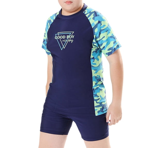 WOYY Boys 2-Piece Swimsuit Stretch Short Sleeve Rash Guard Siwm Trunks Bathing Suit, Sizes 5-6