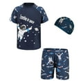 thumbnail image 1 of WOYY Boys 3-Piece Swimsuit Astronaut Print Short Sleeve Rash Guard Shorts Swim Cap Bathing Suit, Sizes 2-3, 1 of 3