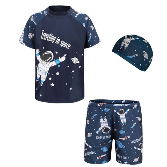 WOYY Boys 3-Piece Swimsuit Astronaut Print Short Sleeve Rash Guard Shorts Swim Cap Bathing Suit, Sizes 2-3