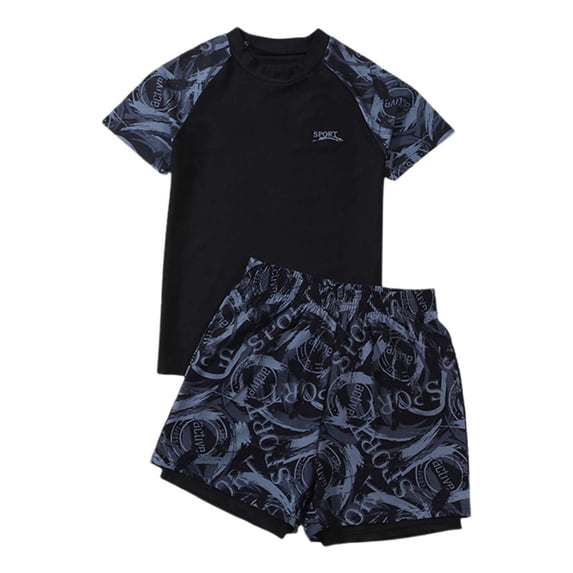 WOYY Boys 3-Piece Swimsuit Short Sleeve Rash Guard Shorts Swim Cap Bathing Suit, Sizes 8-9