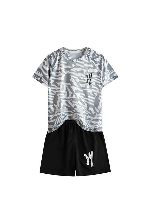 Boys Athletic Outfits Quick Drying Short Sleeve Tee and Shorts Set Summer Tracksuit, Sizes 3-14