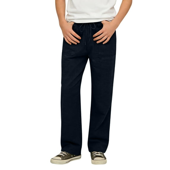 WOYY Boys Breathable Linen Pants Unisex Straight Leg Casual Trousers, Sizes 10-11