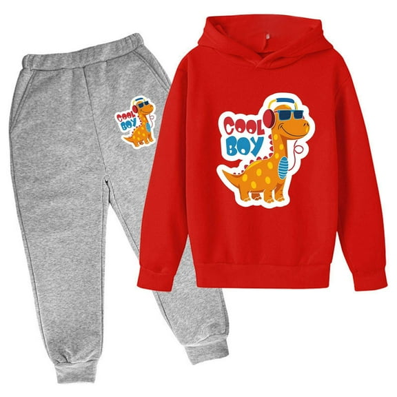 WOYY Boys Cartoon Dinosaur Print Hoodie Sweatpants Outfits Children's Active Sweatsuits