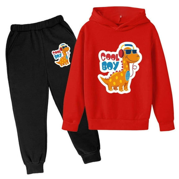 WOYY Boys Cartoon Dinosaur Print Hoodie Sweatpants Outfits Children's Active Sweatsuits