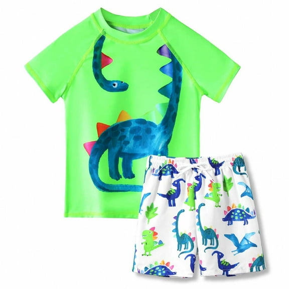 WOYY Boys' Cartoon Dinosaur Quick Dry Short Sleeve Rash Guard & Swim Shorts 2-Piece Swimsuit, Sizes 3-7
