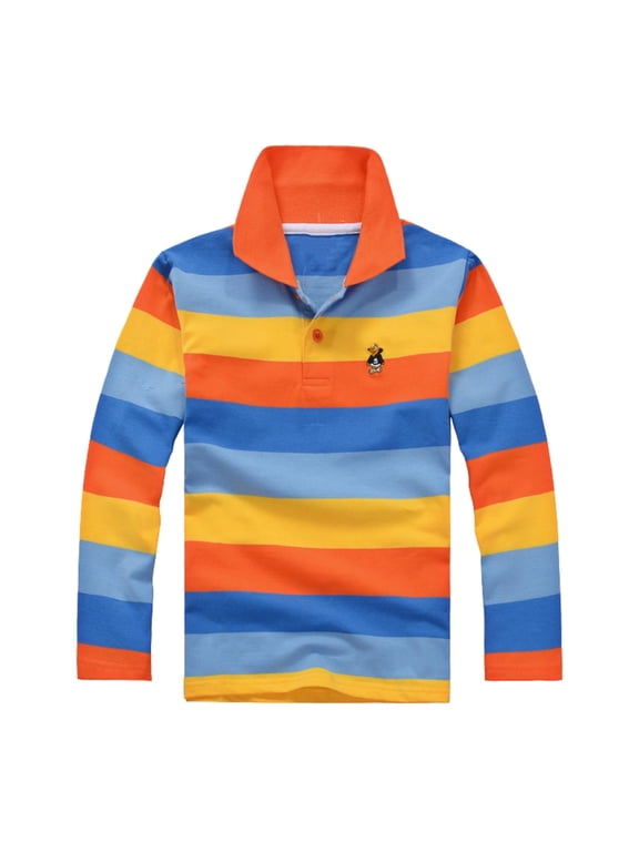 Boys Casual Striped Polo Shirt Breathable Long Sleeve Shirt Top, Sizes 3-14