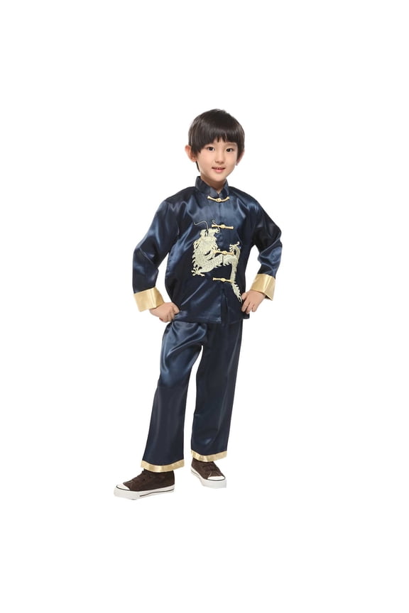 Boys' Chinese Tang Suit Dragon Embroidered Long Sleeve Performance Outfits