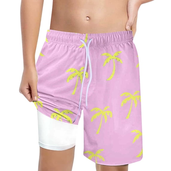 WOYY Boys' Compression Liner Swimming Shorts Coconut Tree Print Swim Trunks, Sizes 5-6